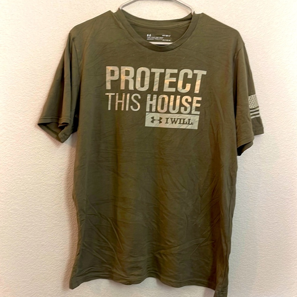 Under Armour, men’s freedom project this house I will shirt size medium, green